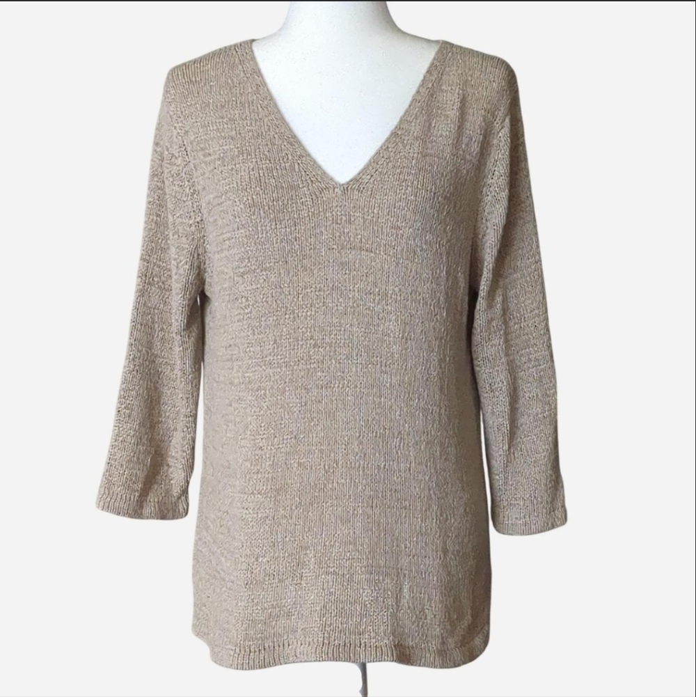 August Silk Beige Knit V-Neck Sweater Minimalist Neutral Pullover Size Large